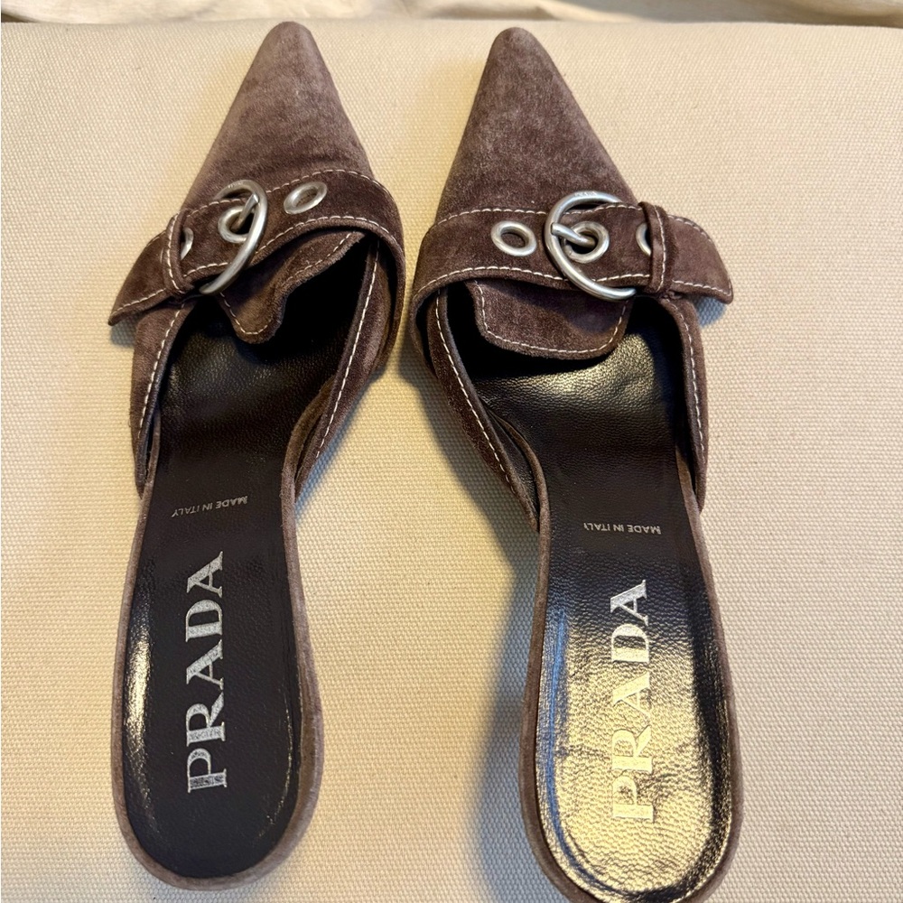 Prada suede pointed kitten heel mules in brown with silver accents - Picture 2 of 7